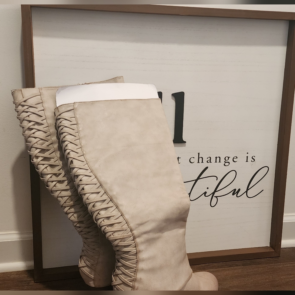 Torrid Knee High Boots Lace Up Detailing in the back Tan Wide